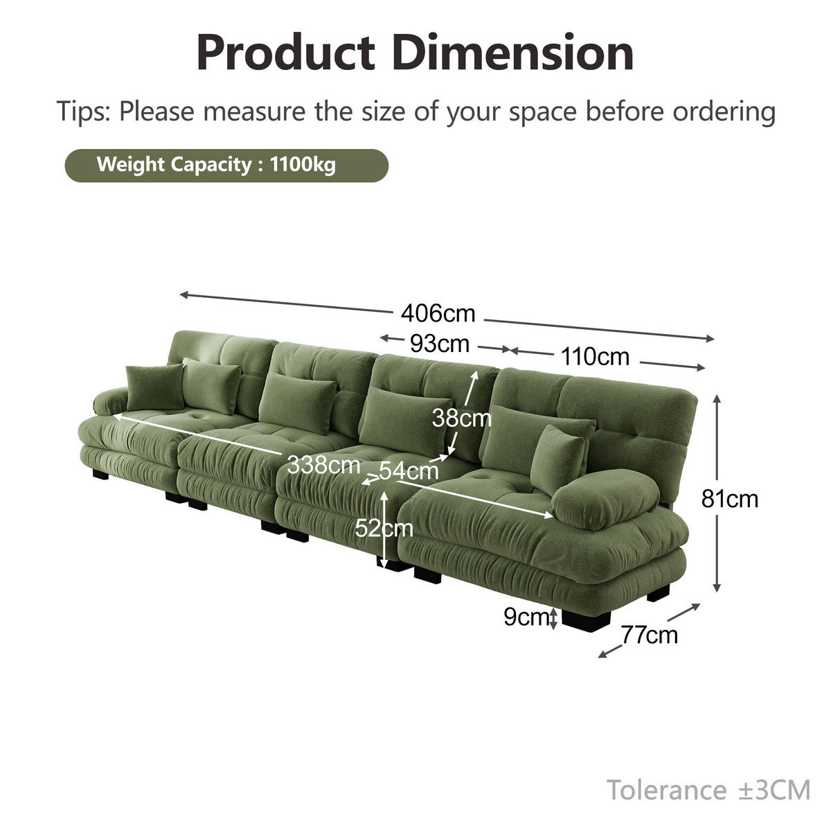 ECKSOFA 406/77/81 cm 4-Sitzer grün aus Chenille mit modularem Tiefensitz - Grün, Textil (77/406cm) - OKWISH