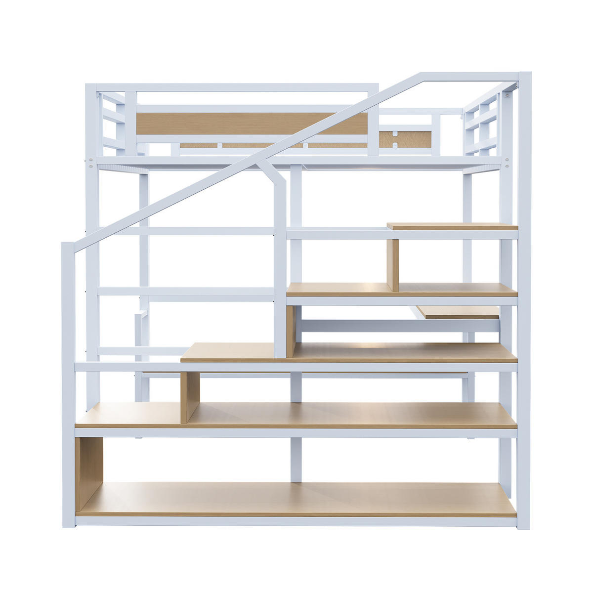 HOCHBETT aus Metall und MDF 140x200 cm Weiß mit Stauraumtreppe, Schreibtisch und Regalen - Weiß, Metall (140/200cm) - IVMEU
