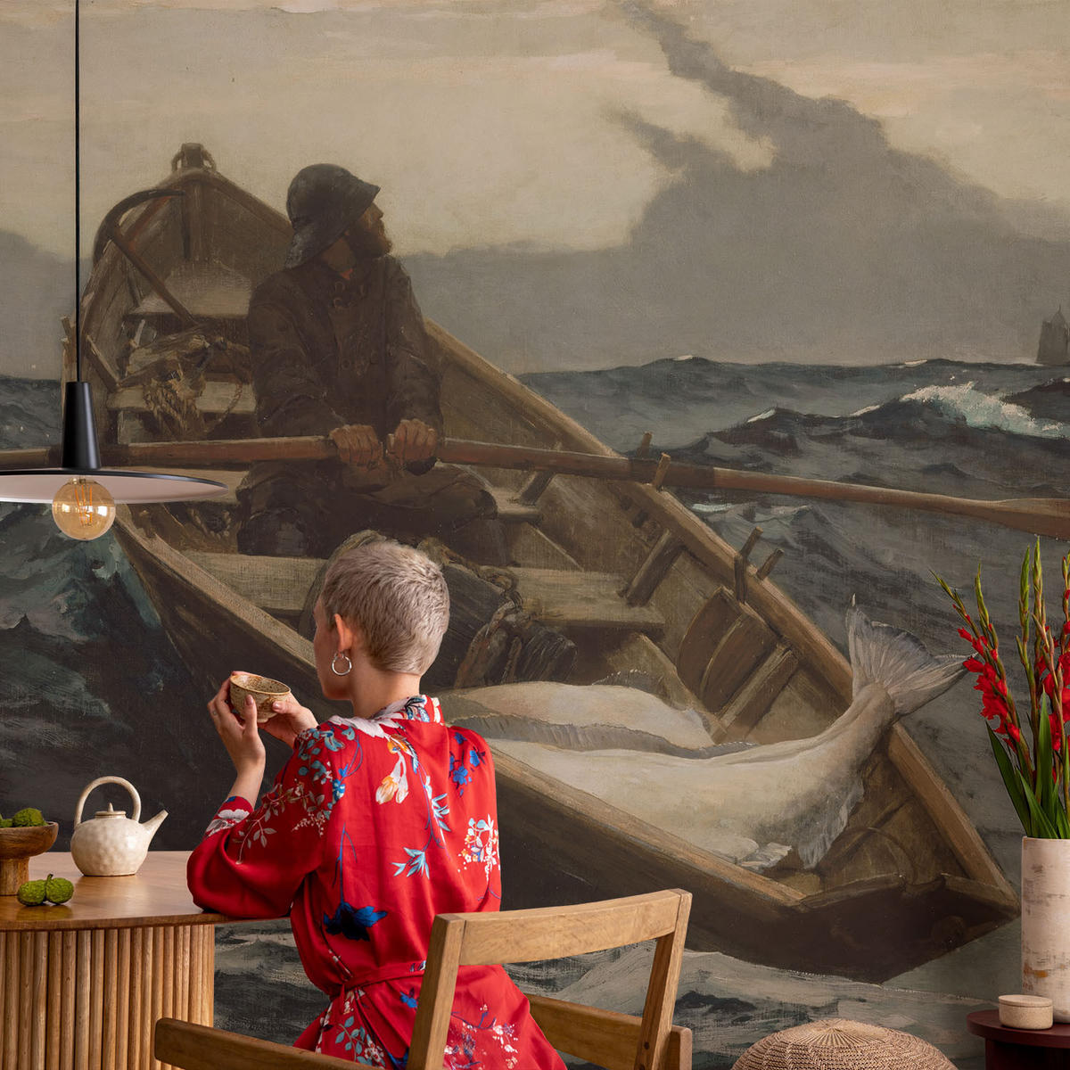 FOTOTAPETE 104x70 cm - Fischer auf See - Grau, Textil (104/70cm) - Wallfluent