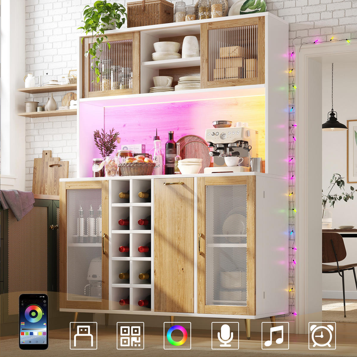 BUFFETSCHRANK 120/40/170 cm Weiß/Holzdekor aus MDF mit LED und Steckdose - Weiß, Holzwerkstoff (120/170/40cm) - OKWISH
