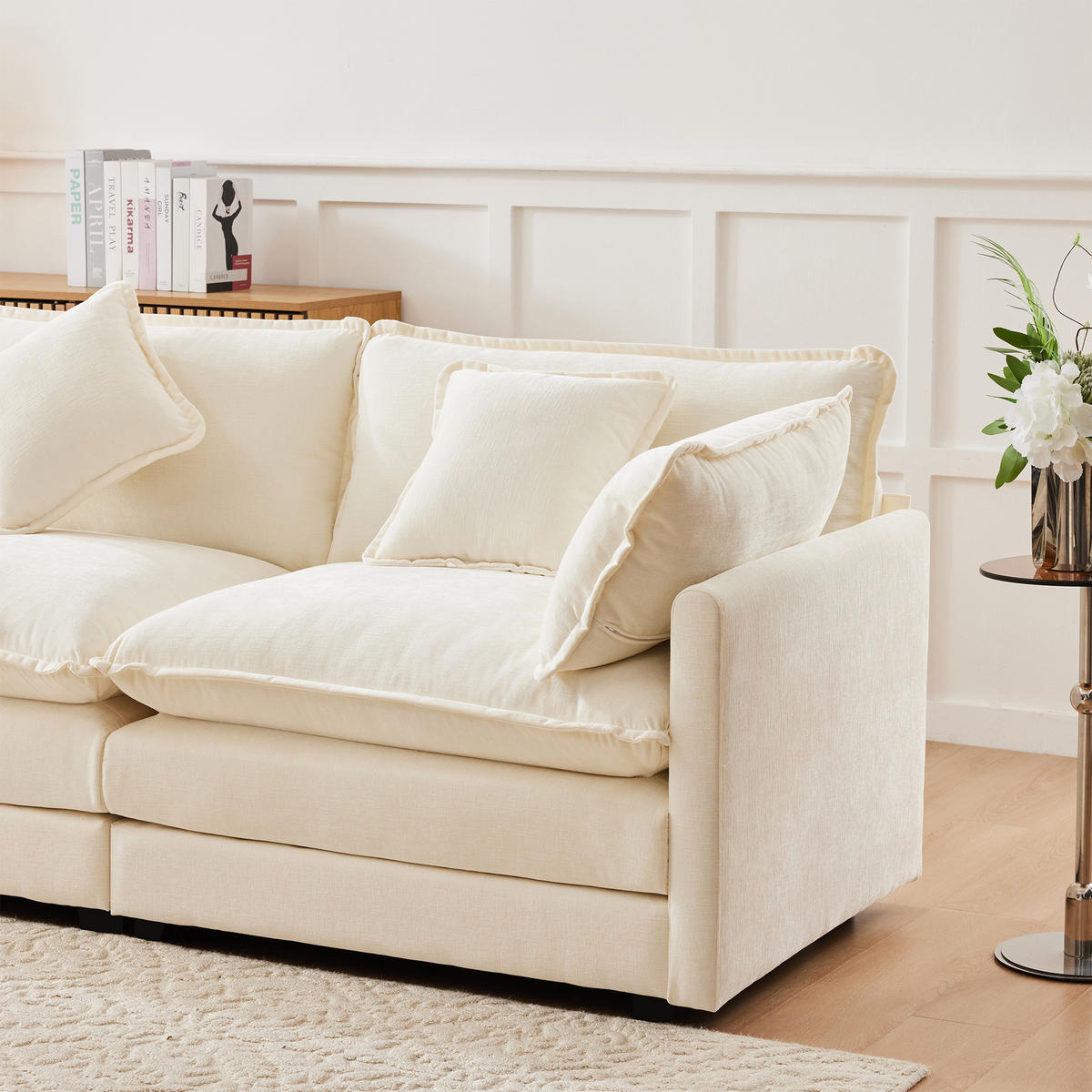 3-SITZER ECKSOFA Chenille Beige mit Kissen und Hocker - Beige, Holzwerkstoff/Kunststoff (283/147cm) - WISHDOR