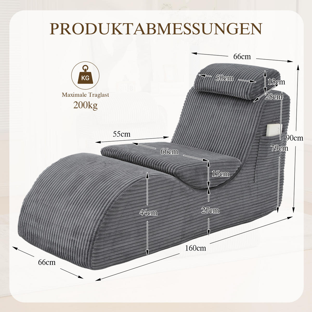 SESSEL Cord Dunkelgrau mit Seitentasche und Kopfkissen - Dunkelgrau, Holzwerkstoff/Textil (66/90/160cm) - WISHDOR