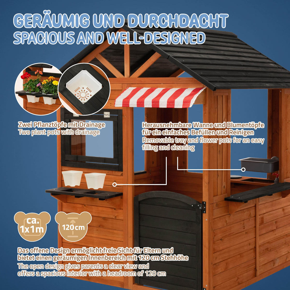 KINDERSPIELHAUS aus Tannenholz massiv 134 x 134 x 156,5 cm Braun - Braun, Holz (134/156.5/134cm) - Joyz