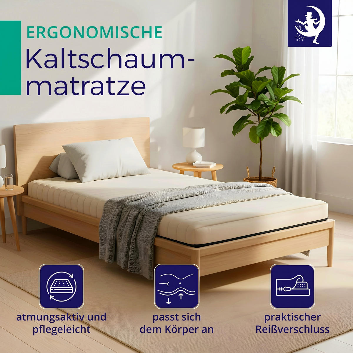 MATRATZE H3 70x200 cm – ergonomische Matratze mit waschbarem Bezug – ca. 10-11 cm Höhe – allergikergeeignet - Weiß, Textil (70/200cm) - Schlaftroll