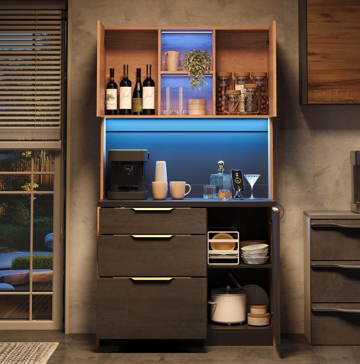 BUFFET 100/40/180 cm in Holz- und Betonoptik mit LED-Beleuchtung - Naturfarben, Holzwerkstoff (100/180/40cm) - Flora Grace