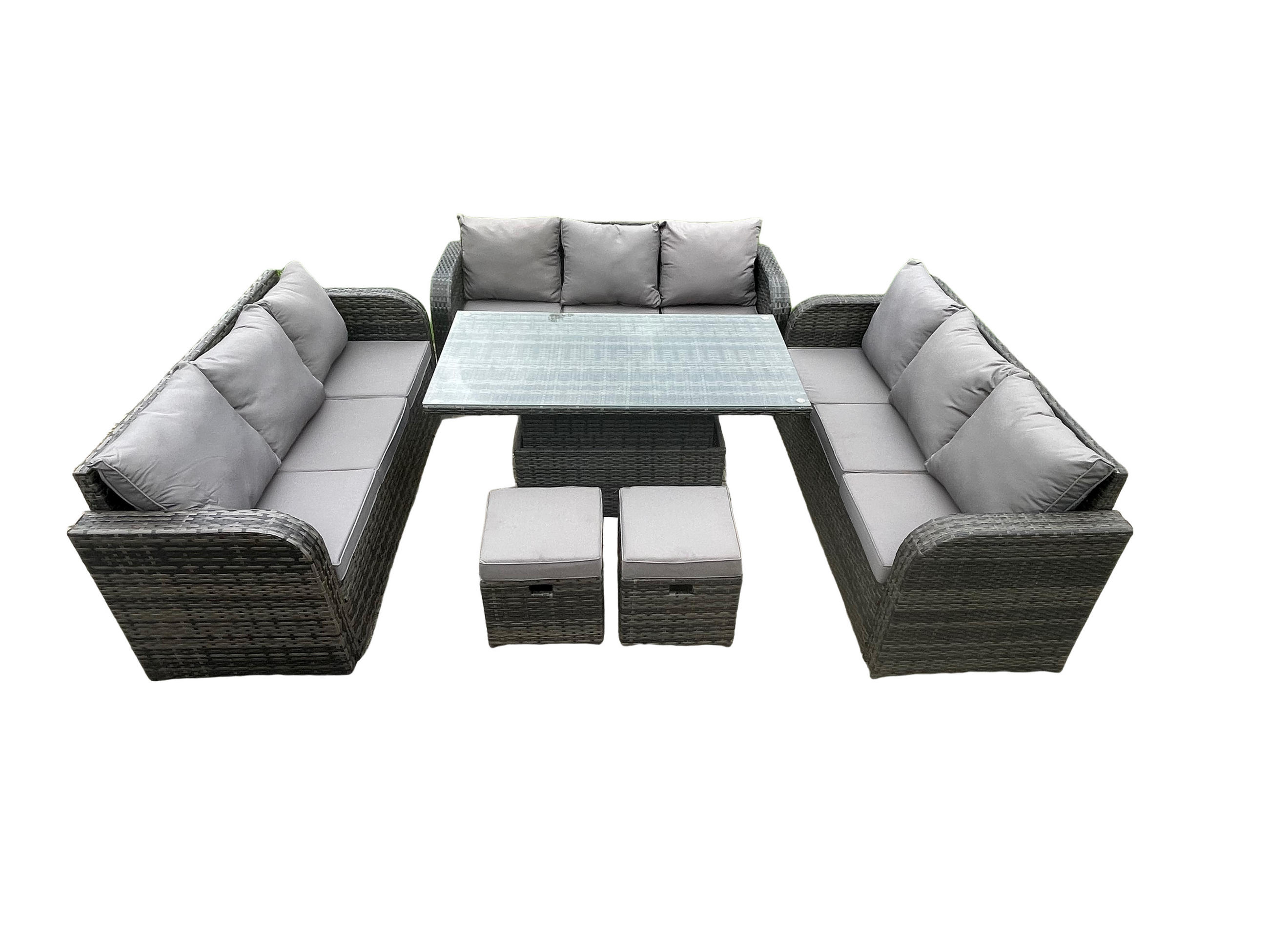 GARTENSOFA SET Polyrattan 11-Sitzer - Dunkelgrau/Grau, Glas/Kunststoff - Fimous