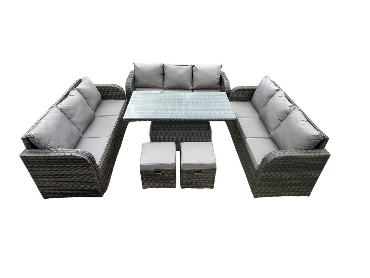 GARTENSOFA SET Polyrattan 11-Sitzer - Dunkelgrau/Grau, Glas/Kunststoff - Fimous