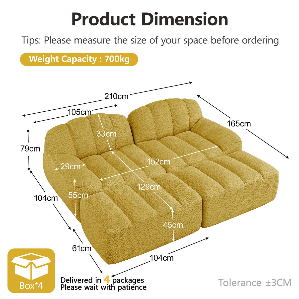 2-SITZER SOFA Granulierter Fleece Gelb mit 2 Ottomans - Gelb, Textil (210/79/165cm) - WISHDOR