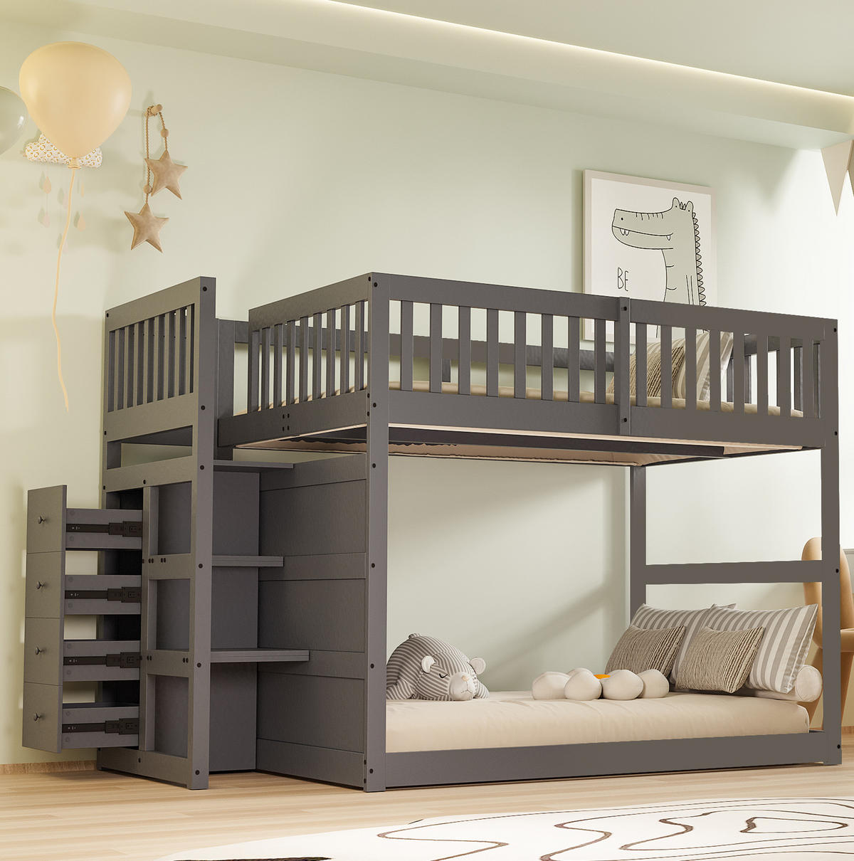 ETAGENBETT 140/200 cm grau mit Sicherheitsgeländer und Stauraum - Grau, Holz (140/200cm) - OKWISH