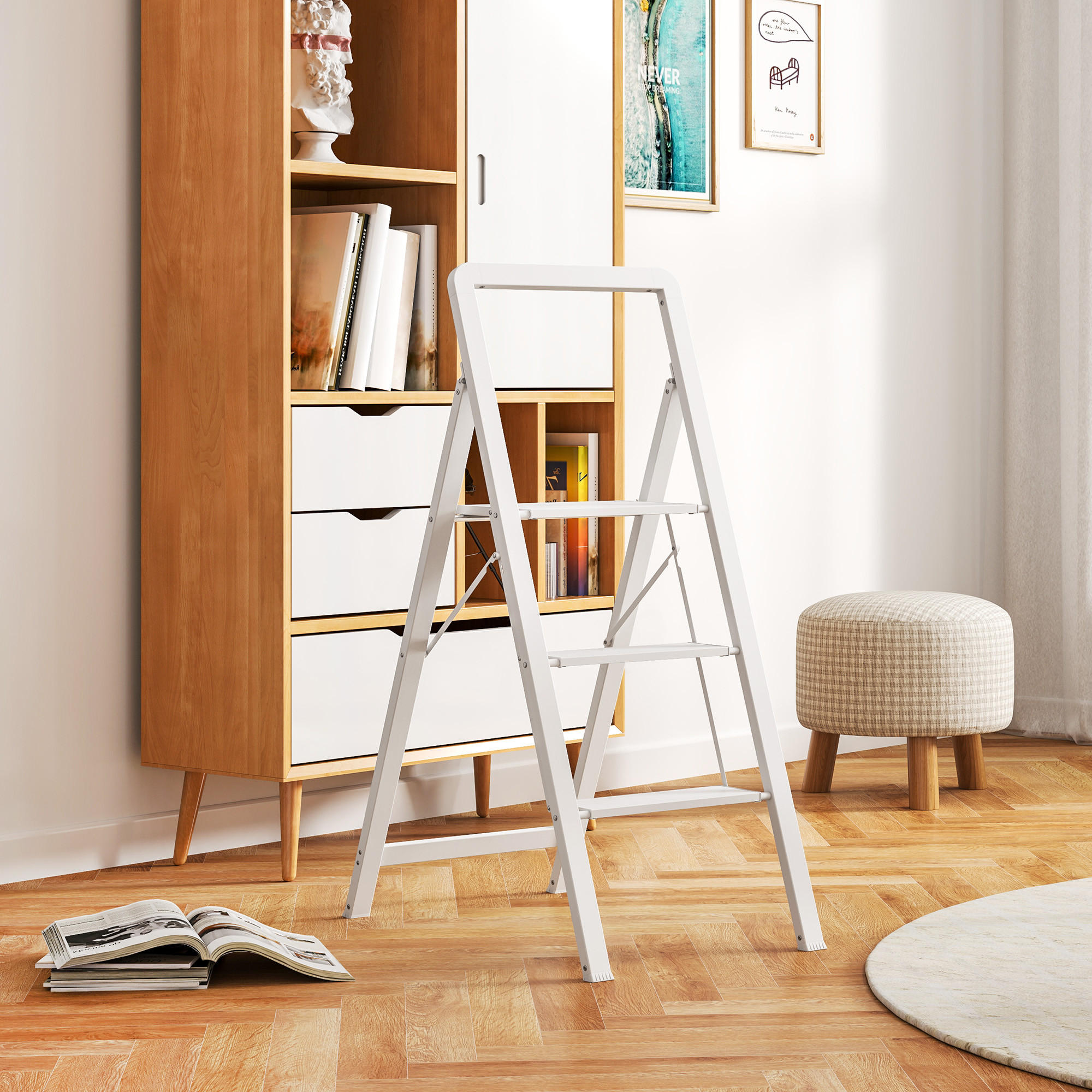TRITTLEITER Stehleiter mit 3 Stufen Leichtbau Aluminum-Leiter 66,3 x 41,5 x 104,6 cm Weiß - Weiß, Metall (41.5/66.3/104.6cm) - HOMCOM