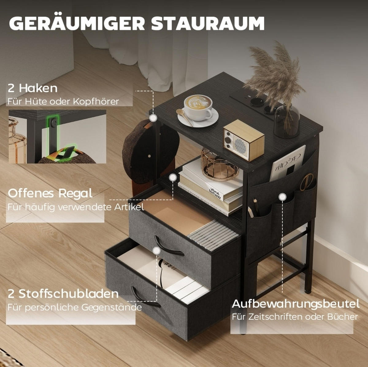 BEISTELLTISCH 40/60/30 cm Schwarz aus Holz mit Ladestation - Schwarz, Holz (40/30/60cm) - OKMYHOME