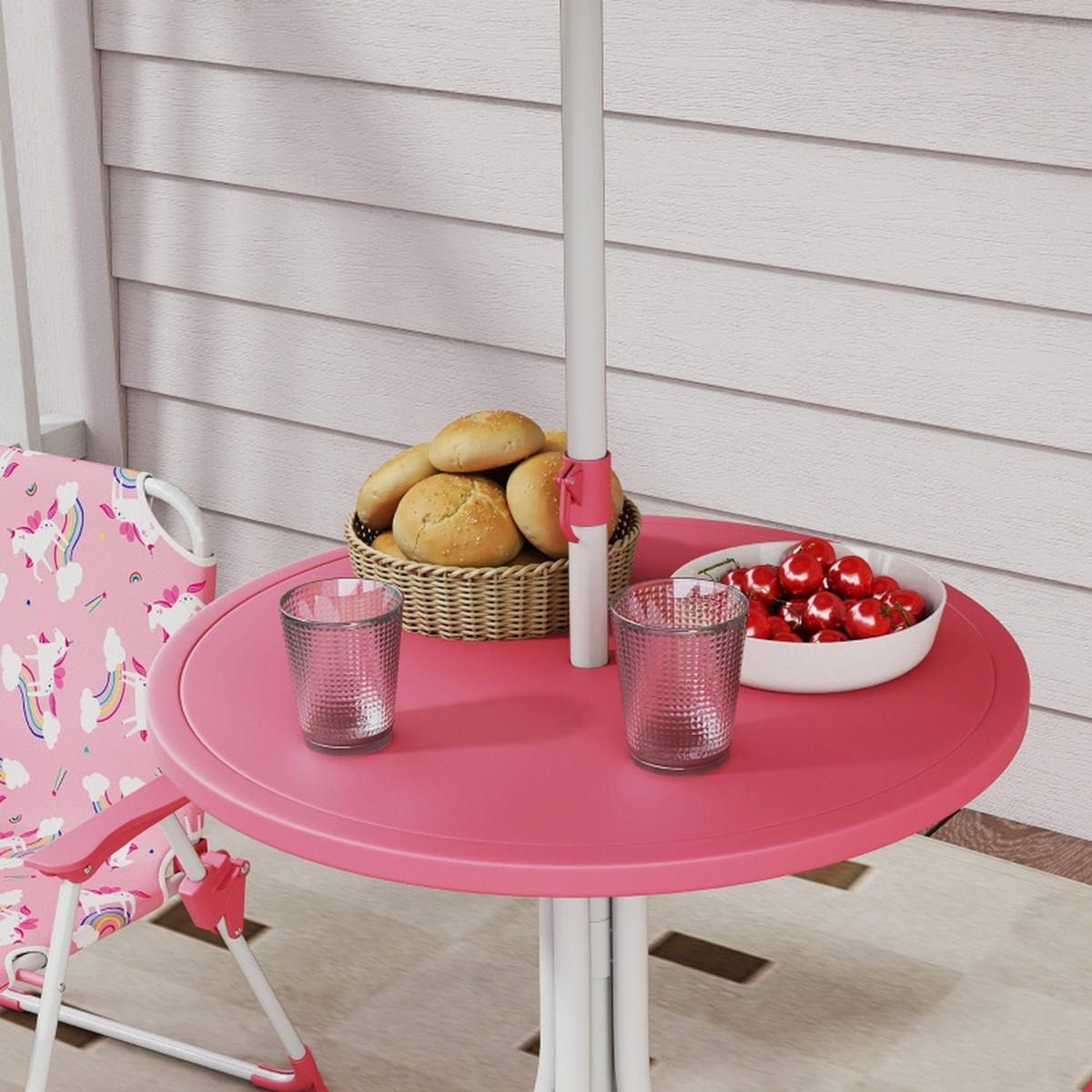 KINDER-GARTENMÖBEL 4-tlg Kindersitzgruppe Rosa mit Sonnenschirm Kindertisch und 2 Klappstühle - Rosa, Textil - Raelunyi