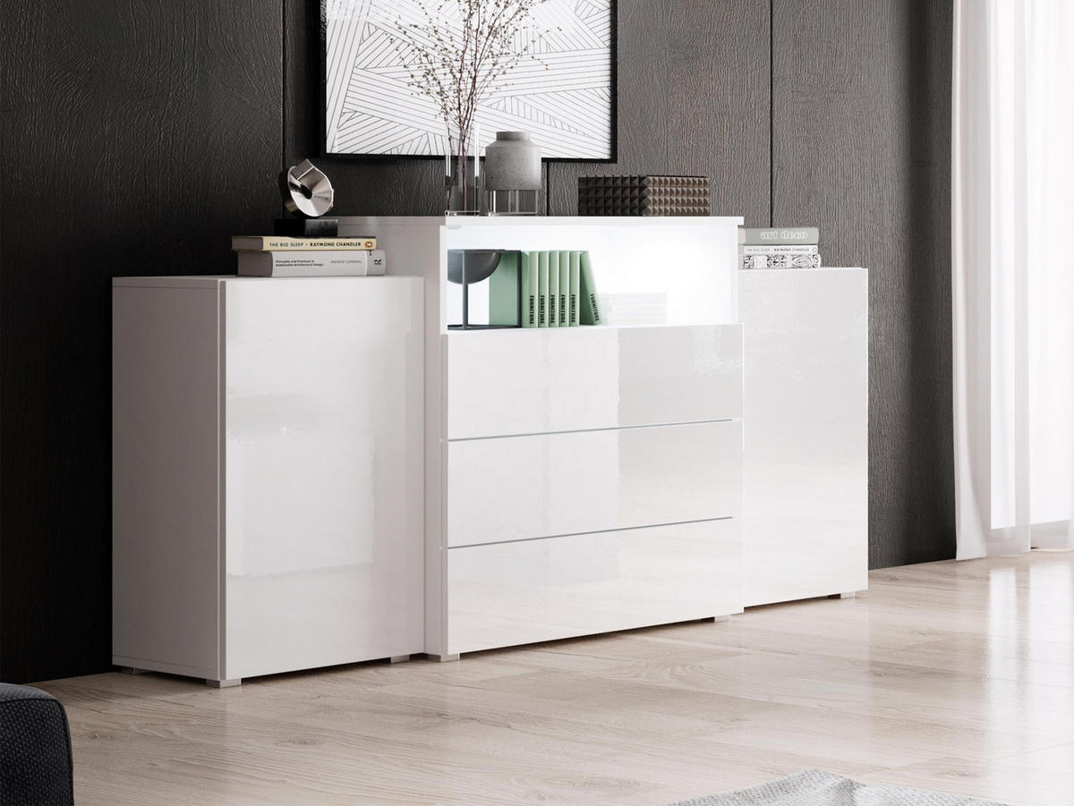 SIDEBOARD Urban III - weißer LED Beleuchtung - Weiß Hochglanz/Alufarben, Holzwerkstoff/Kunststoff (150/81/39cm) - MIRJAN24