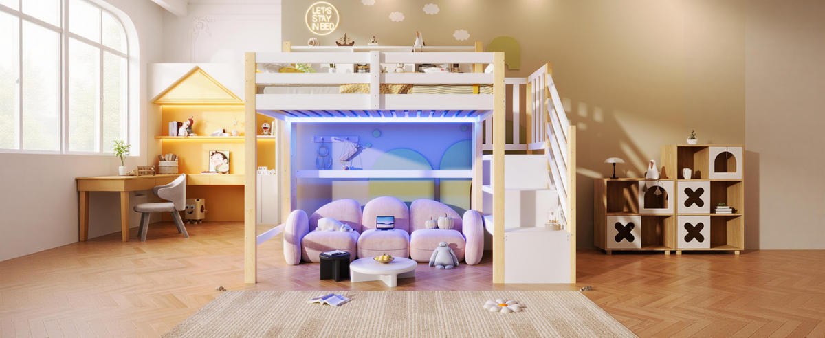 HOCHBETT 140/200 cm mit LED-Beleuchtung, Stauraumtreppe und offenem Staufach, Weiß - Weiß, Holz (140/200cm) - Redom