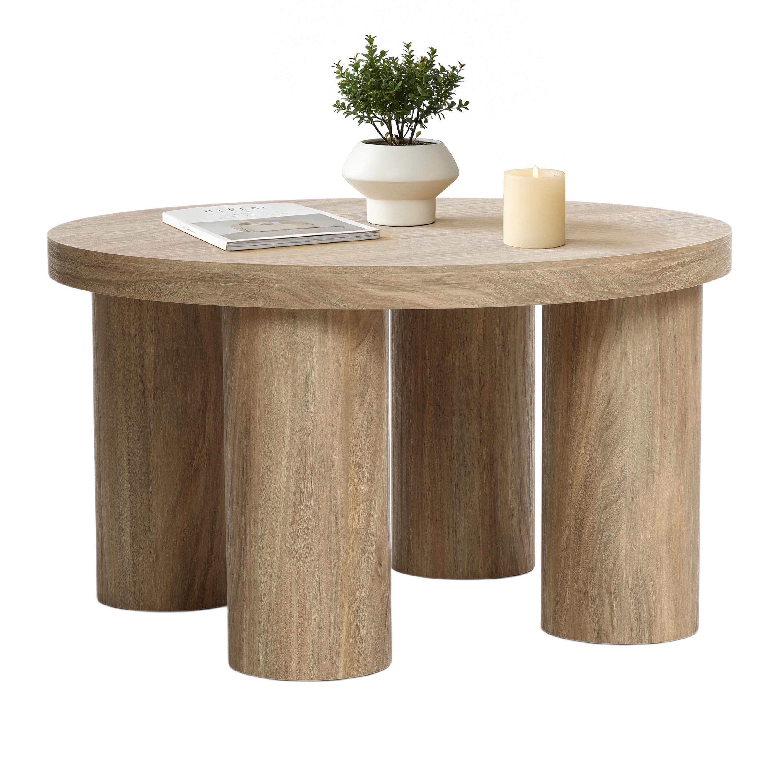 RUNDER Couchtisch aus Holz in Eichenoptik mit 4 Säulenbeinen | Ø70 x H40 cm - Braun, Holzwerkstoff (70/70/40cm) - Hometopia
