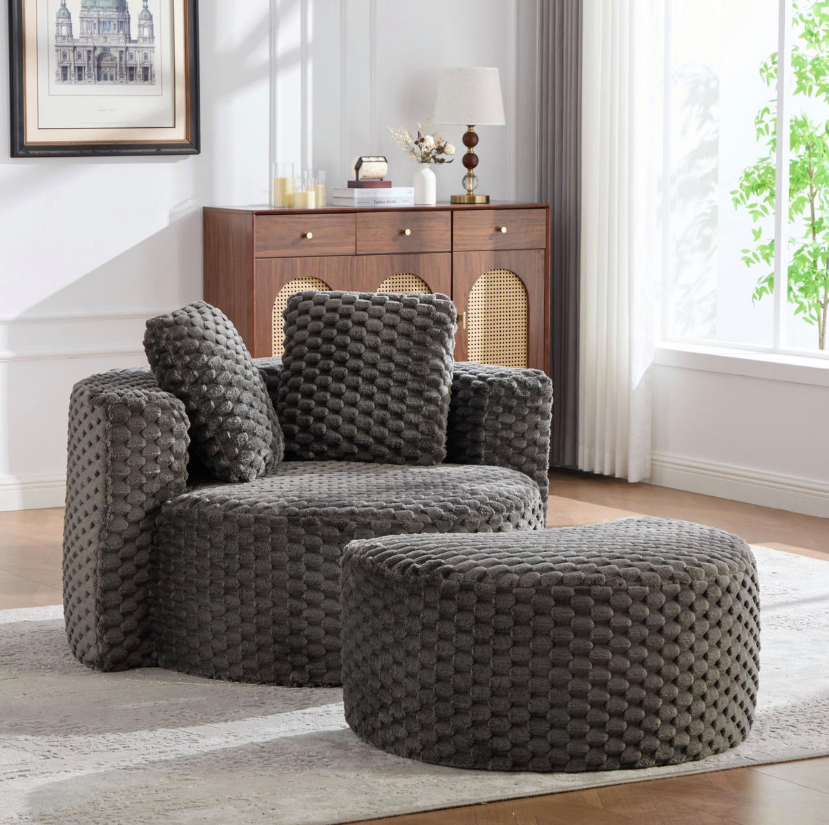 SESSEL aus Stoff 130x115x103 cm Dunkelgrau mit Hocker, ohne Montage und 360°-Design - Dunkelgrau, Textil (129/65/116cm) - Modfu