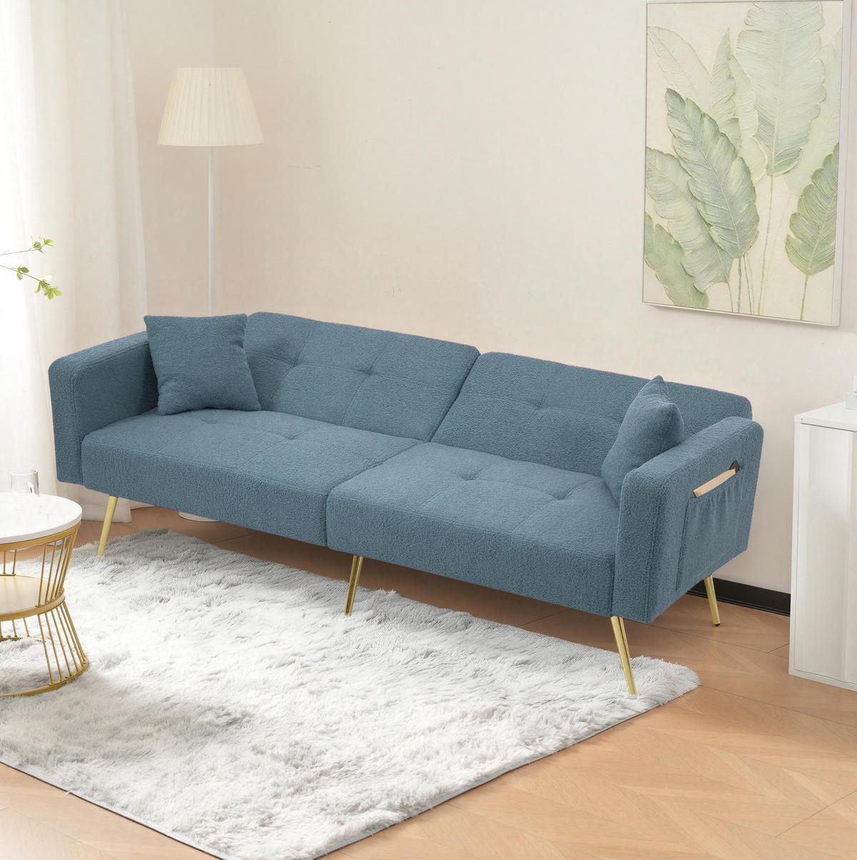 SCHLAFSOFA Lammwollstoff mit Bettfunktion und Seitentaschen Antikblau 175/64/72 cm - Blau, Textil (64/72/175cm) - Redom
