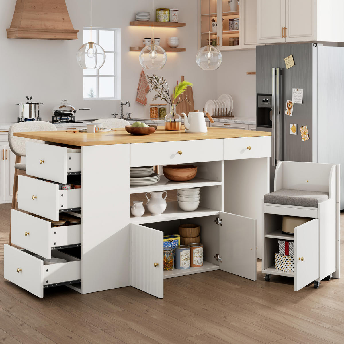 KUCHYNSKÝ ostrovček 140/40(70)/89 cm biely z MDF a kovu so 6 zásuvkami a taburetom - biela, kompozitné drevo (140/89/70cm) - OKWISH