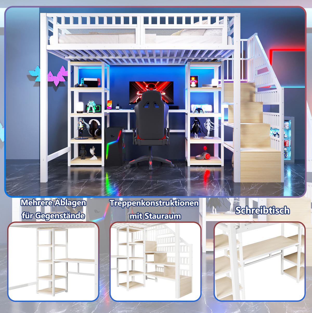 HOCHBETT 140/200 cm aus Metall mit Schreibtisch, Stauraumleiter und LED-Beleuchtung Weiß - Weiß, Metall (140/200cm) - Modenvie