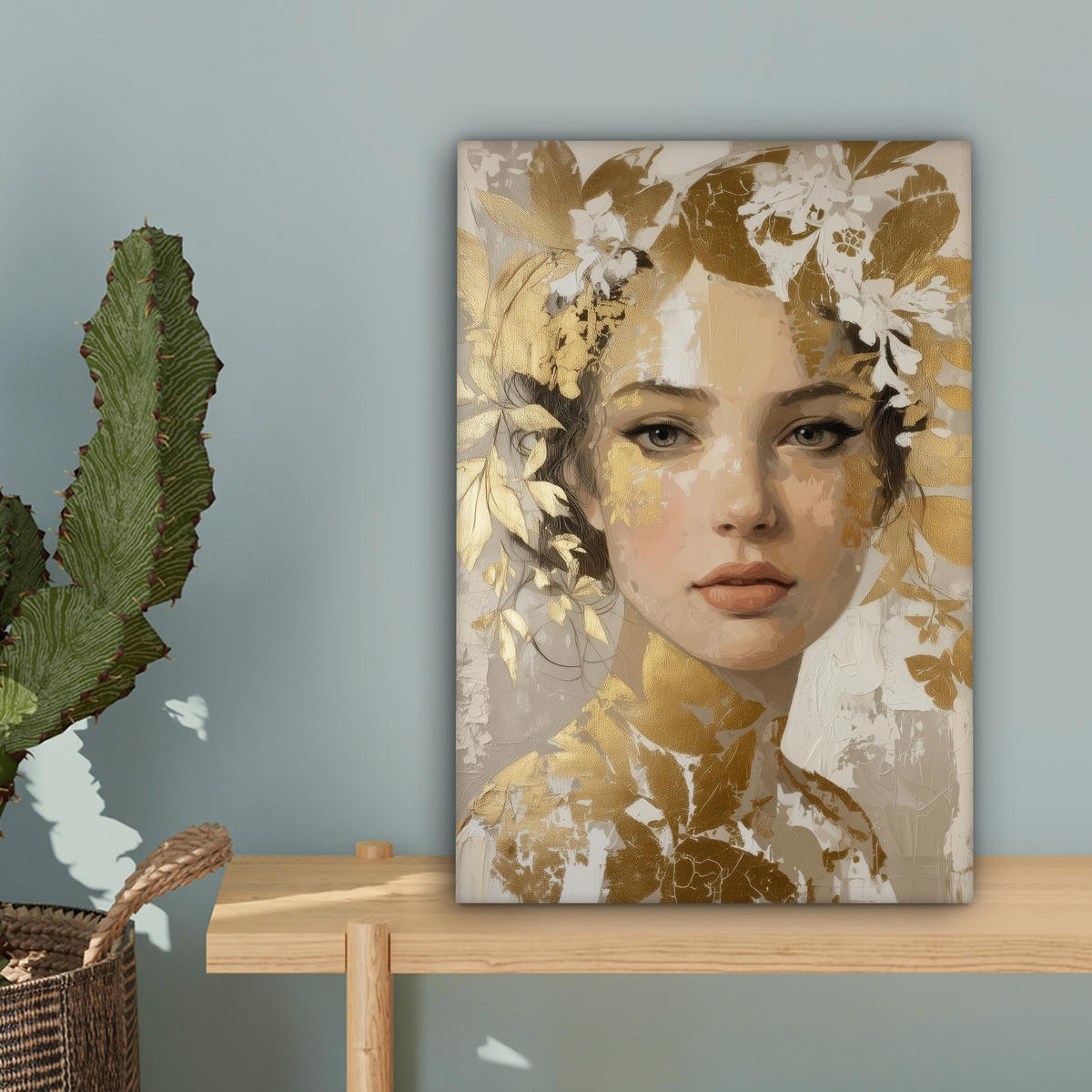 LEINWANDBILD Gesicht - Frau - Blätter - Gold Deko Wohnzimmer 20x30 cm - Beige, Textil (20/30cm) - MuchoWow