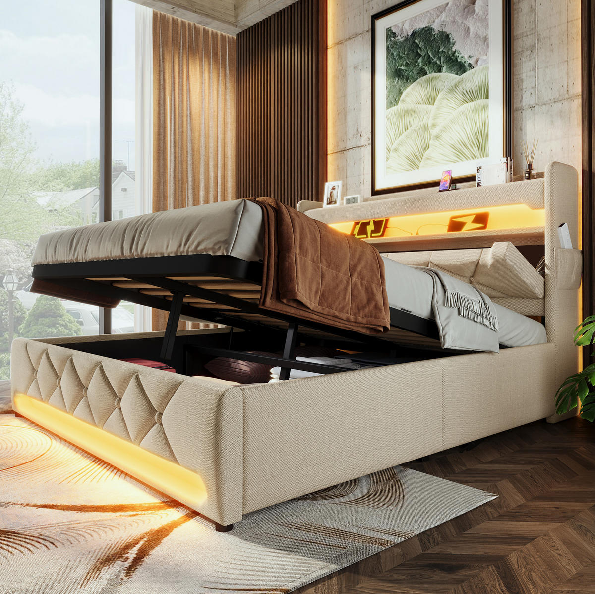 POLSTERBETT 160/200 cm Beige mit Matratze, LED-Beleuchtung und Stauraum - Beige, Textil (160/200cm) - Flora Grace