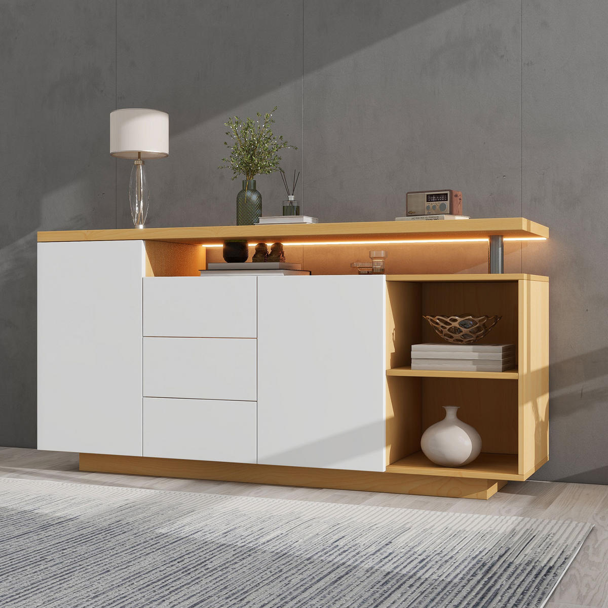 SIDEBOARD LED Weiß Holz 2 Türen 3 Schubladen 140cm Multifunktion - Multicolor, Holzwerkstoff (40/70/140cm) - FLIEKS
