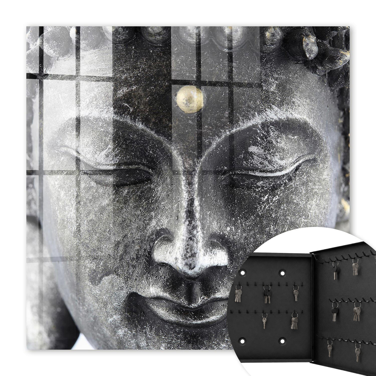 SCHLÜSSELBOX Schwarz 30x30 cm- Türöffnung nach rechts - Zen-Porträt - Grau, Metall (30/30/5cm) - TULUP