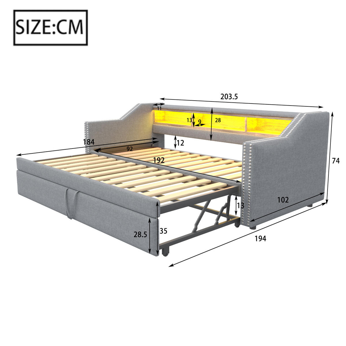 BETT Ausziehbar 90/190 cm mit LED-Beleuchtung & USB-Anschluss Hellgrau - Hellgrau, Textil (90/190cm) - OKWISH