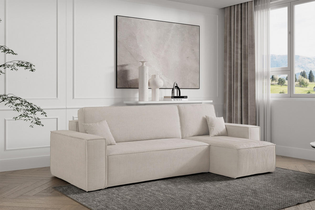 ECKSOFA Scarlo Hellbeige Cordbezug - Ecru/Schwarz, Kunststoff/Textil (244/145cm) - Selsey
