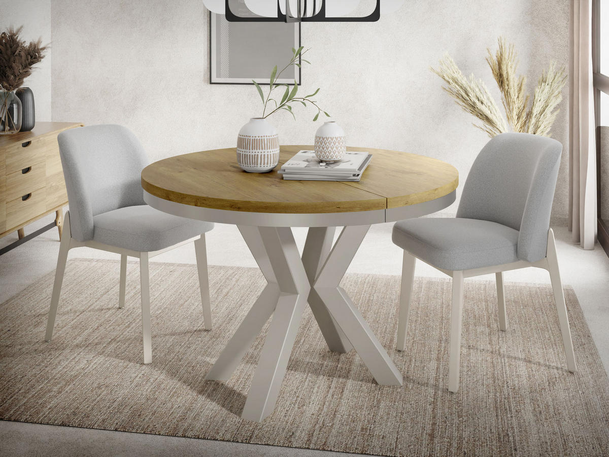 ESSTISCH Clara grau-beige runder ausziehbarer, Lancelot Eiche 120-200/120/76 cm - Eichefarben/Grau, Holzwerkstoff/Metall (120/120/76cm) - WFL GROUP