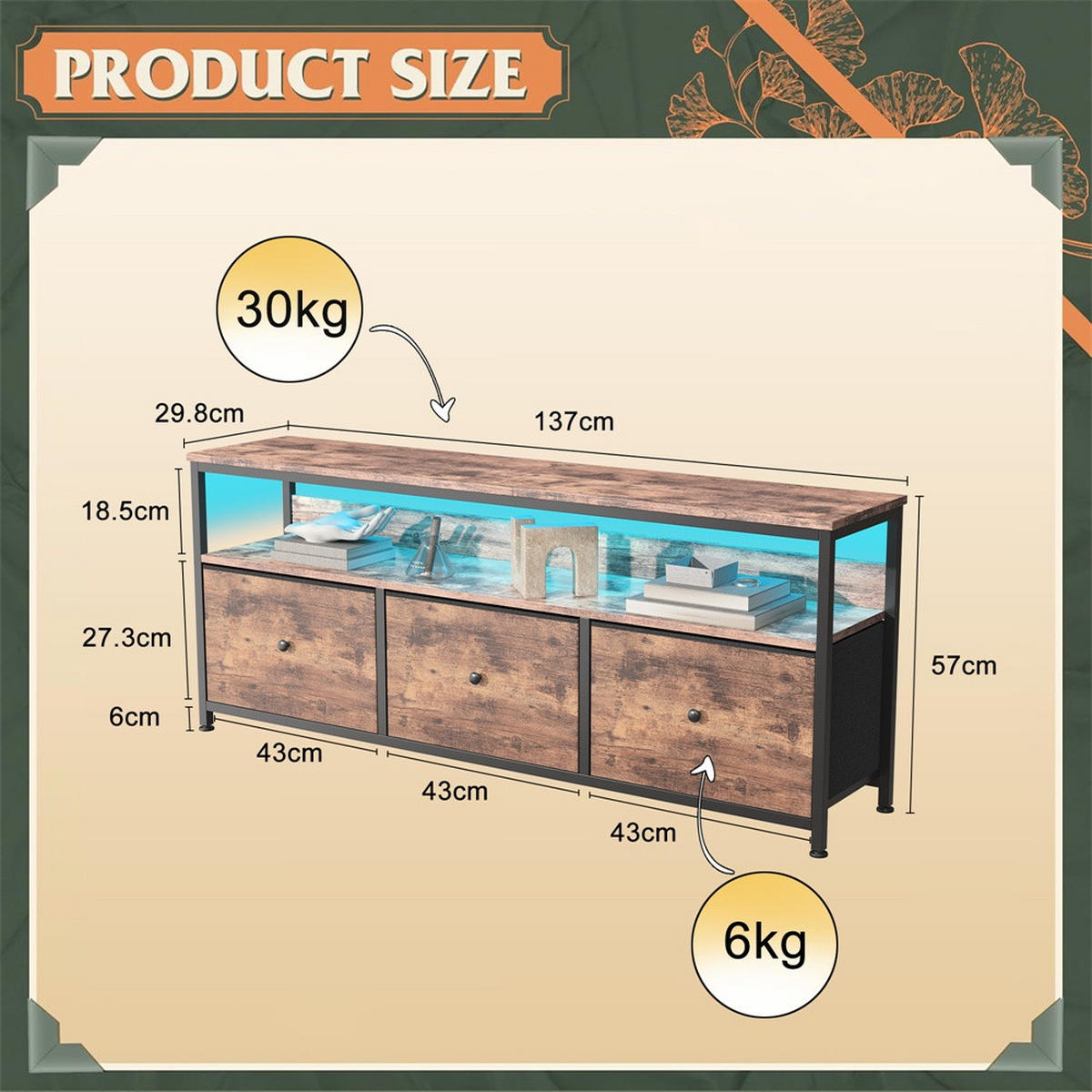 TV-LOWBOARD 137 cm - TV-Schrank mit LED-Beleuchtung und Stoffschubladen - Industrial-Stil Tigerholz-Optik und Schwarz - Braun, Holzwerkstoff (29.8/57/137cm) - DELFA
