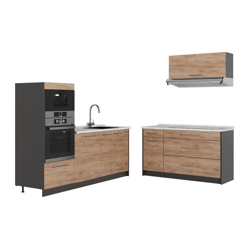 KÜCHENZEILE Fame-Line, Goldkraft Eiche/Anthrazit, 340 cm, AP Marmor - Honigeiche/Anthrazit, Holzwerkstoff (340/153.6/60cm) - Vicco