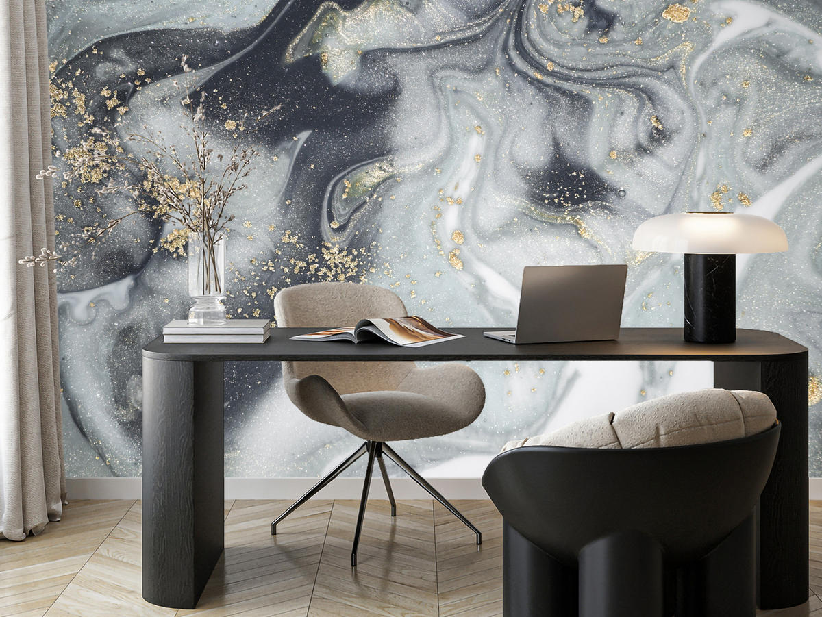 FOTOTAPETE für Badezimmer Luxus Grauer Marmor Muster Goldene Verzierungen 350x256 - Gelb/Weiß, Papier (350/256cm) - Muralo