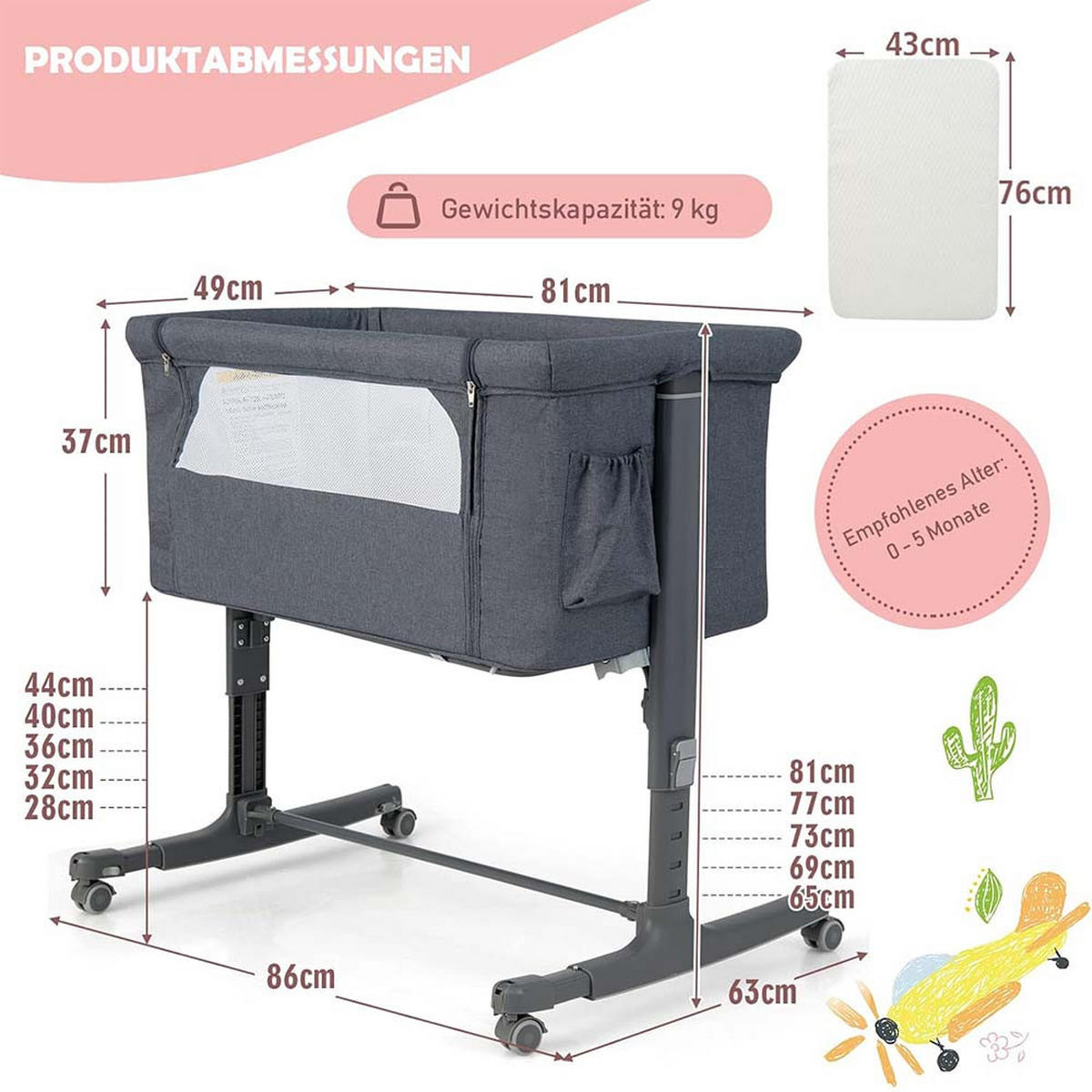 BABYBETT 3 in 1 Beistellbett Grau - Grau, Metall - COSTWAY