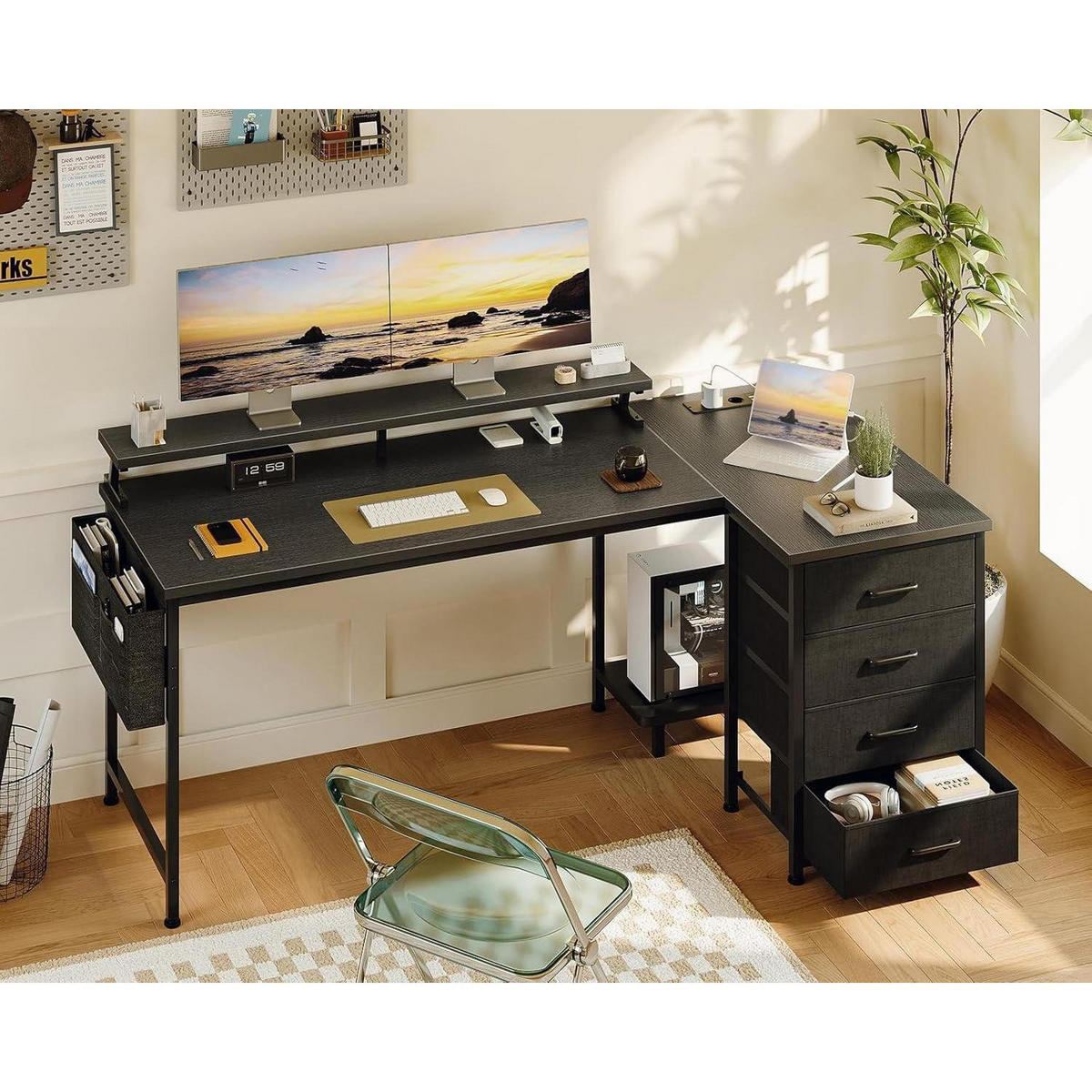 SCHREIBTISCH L Form mit Schubladen Schwarz 160 x 80 cm - Schwarz, Holzwerkstoff (160/80/84.7cm)