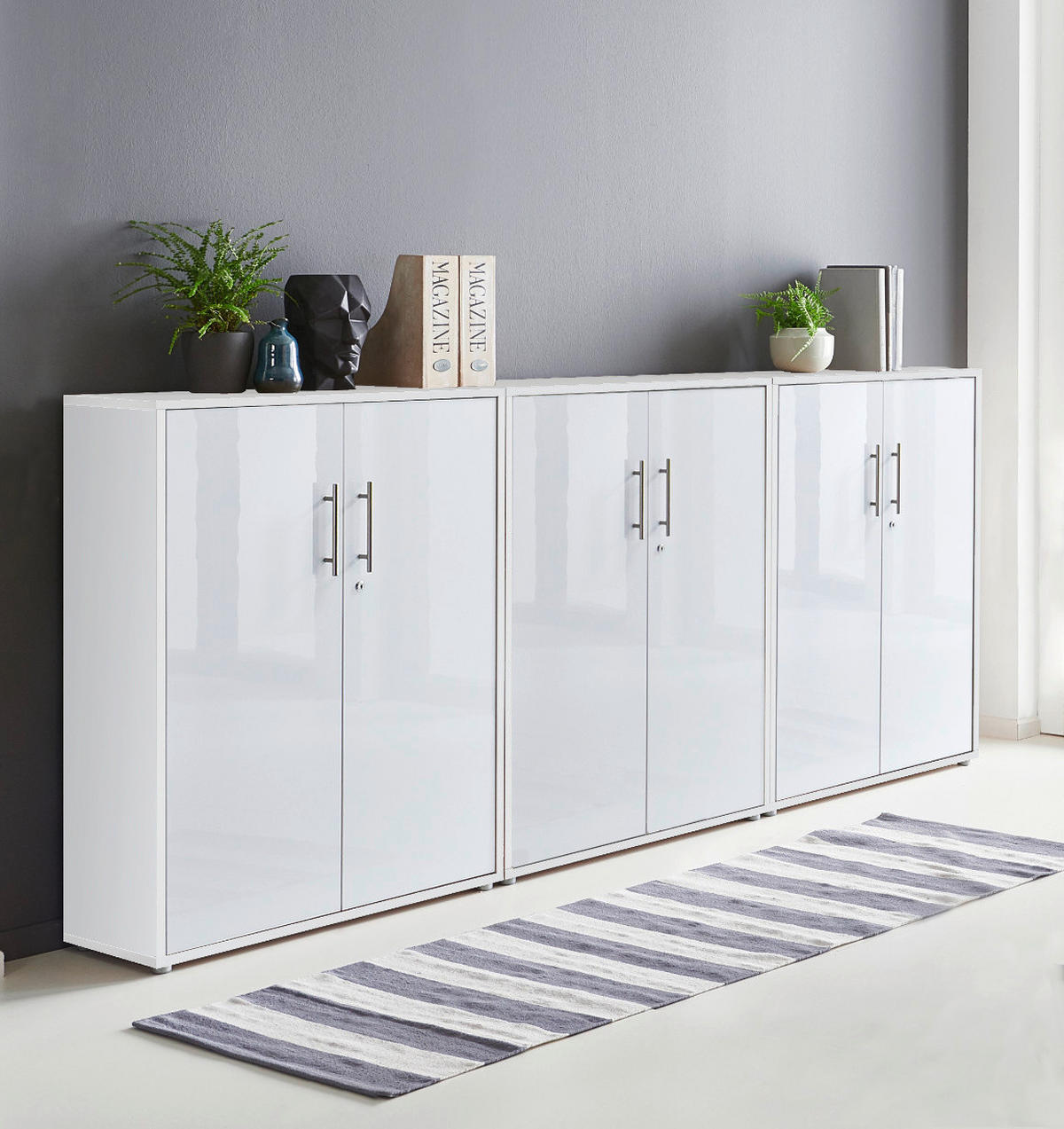 BÜROMÖBELSET 3-tlg. weiß / weiß Hochglanz - Weiß Hochglanz/Weiß, Holz (253.2/113.6/33cm)