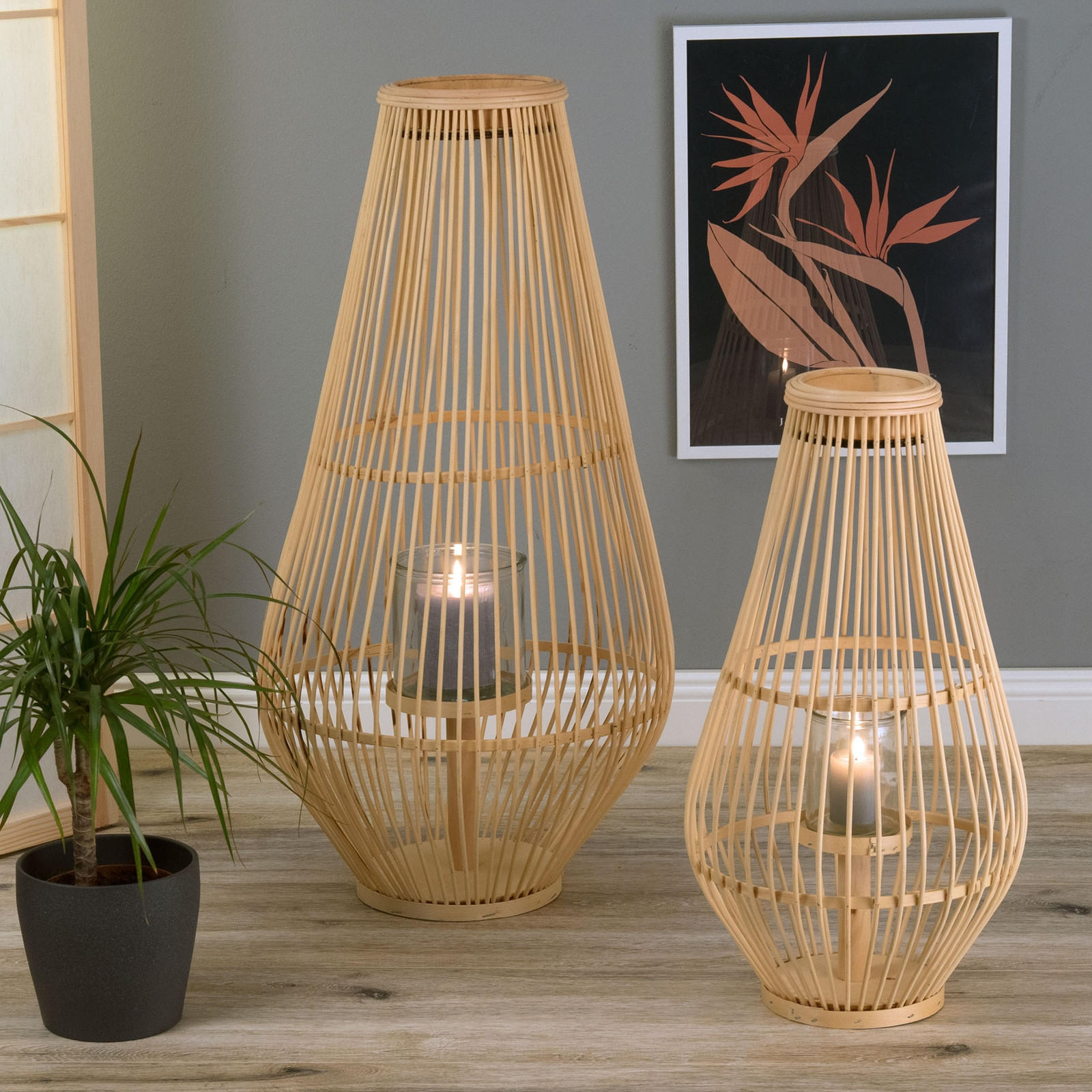 LATERNE FINN 70 Bambus, mit Windlicht-Glaseinsatz naturfarben - Naturfarben, Holz (35/70/35cm) - CREEDWOOD