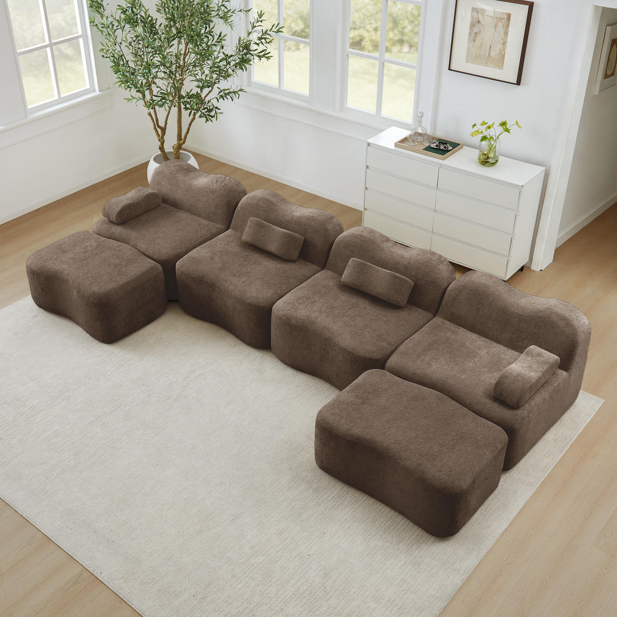 4-SITZER Sofa 384x167x70 cm aus Samtstoff rahmenlos modular, braun - Braun, Textil (167/70/384cm)