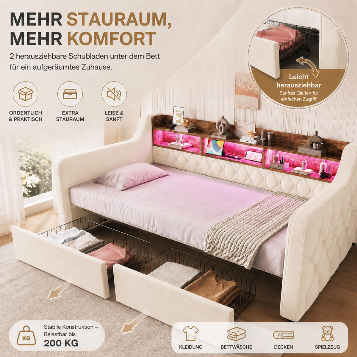 TAGESBETT 90/190 mit Schubladen & Regal, USB-C Ladeanschlüsse/LED, Samt, Beige - Beige, Holz (90/190cm) - LVHOM