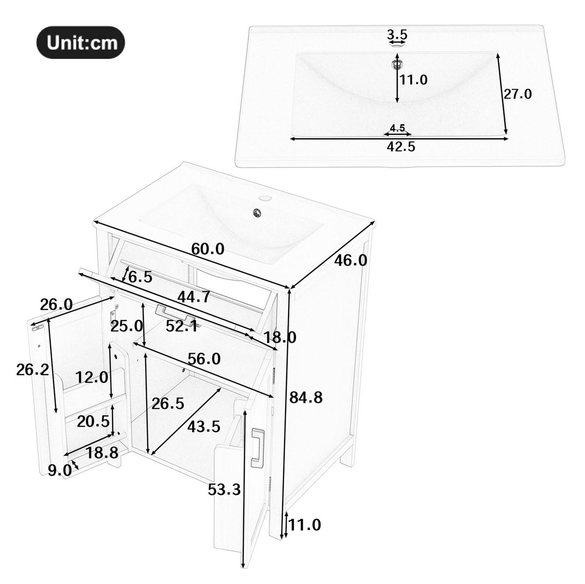 WASCHTISCHKOMBI 60/46/84,8 cm Grau aus Keramik und MDF mit Waschbecken - Grau, Holzwerkstoff (60/84.8/46cm) - OKMYHOME