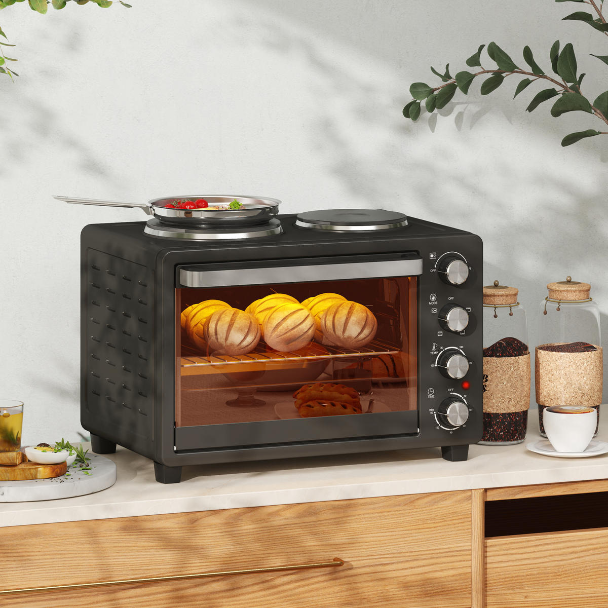 MINIBACKOFEN 28L 2600W mit 2 Kochplatten, Pizzaofen mit Backblech & Grillrost, 100-230°C, 60 Min. Timer, Schwarz - Schwarz, Metall (48.6/33/36.3cm) - Beaface