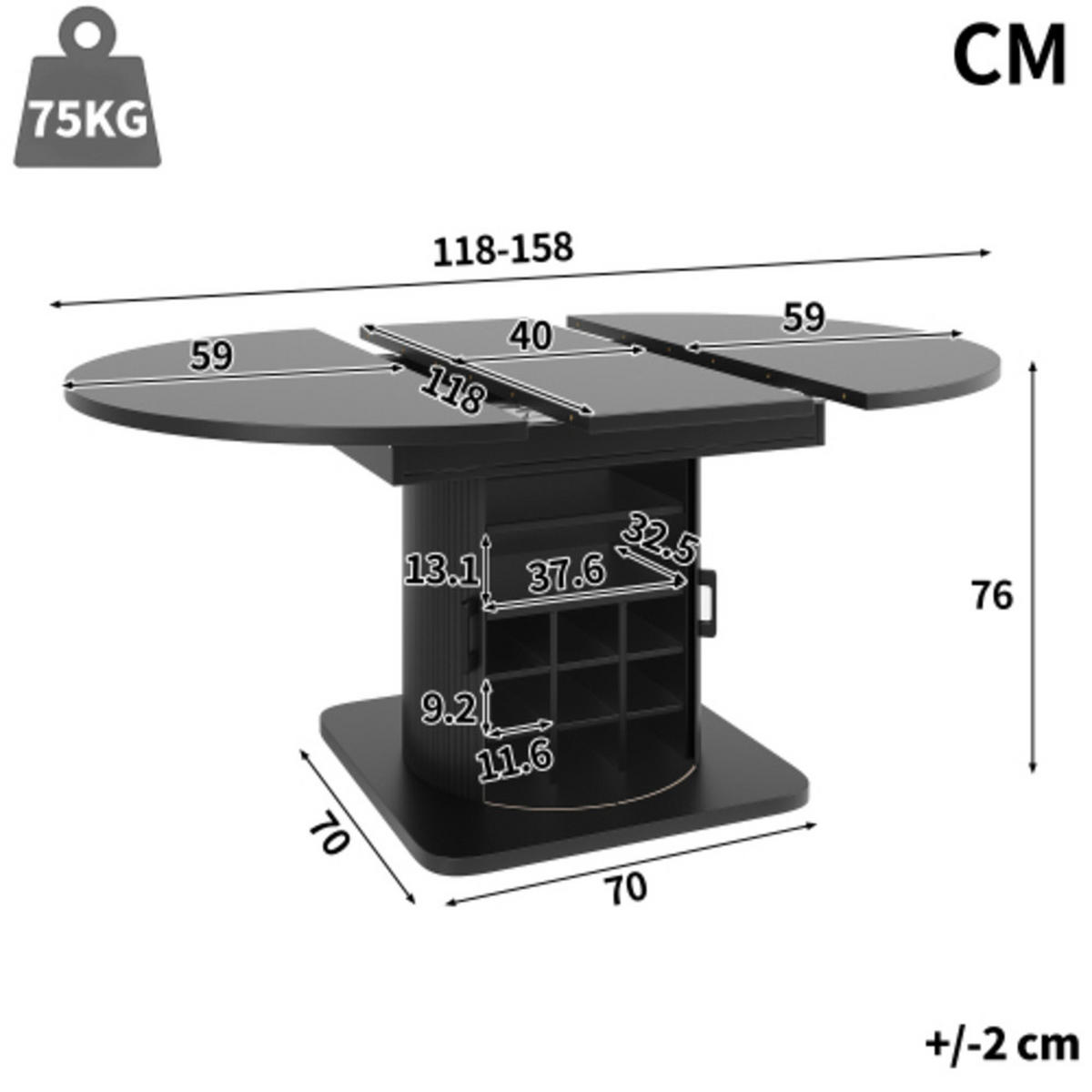 ESSTISCH Ausziehbarer 118-158×118×76 cm aus MDF und Metall mit integriertem Stauraum, schwarz - Schwarz, Holzwerkstoff (158/118/76cm) - Luhomfu