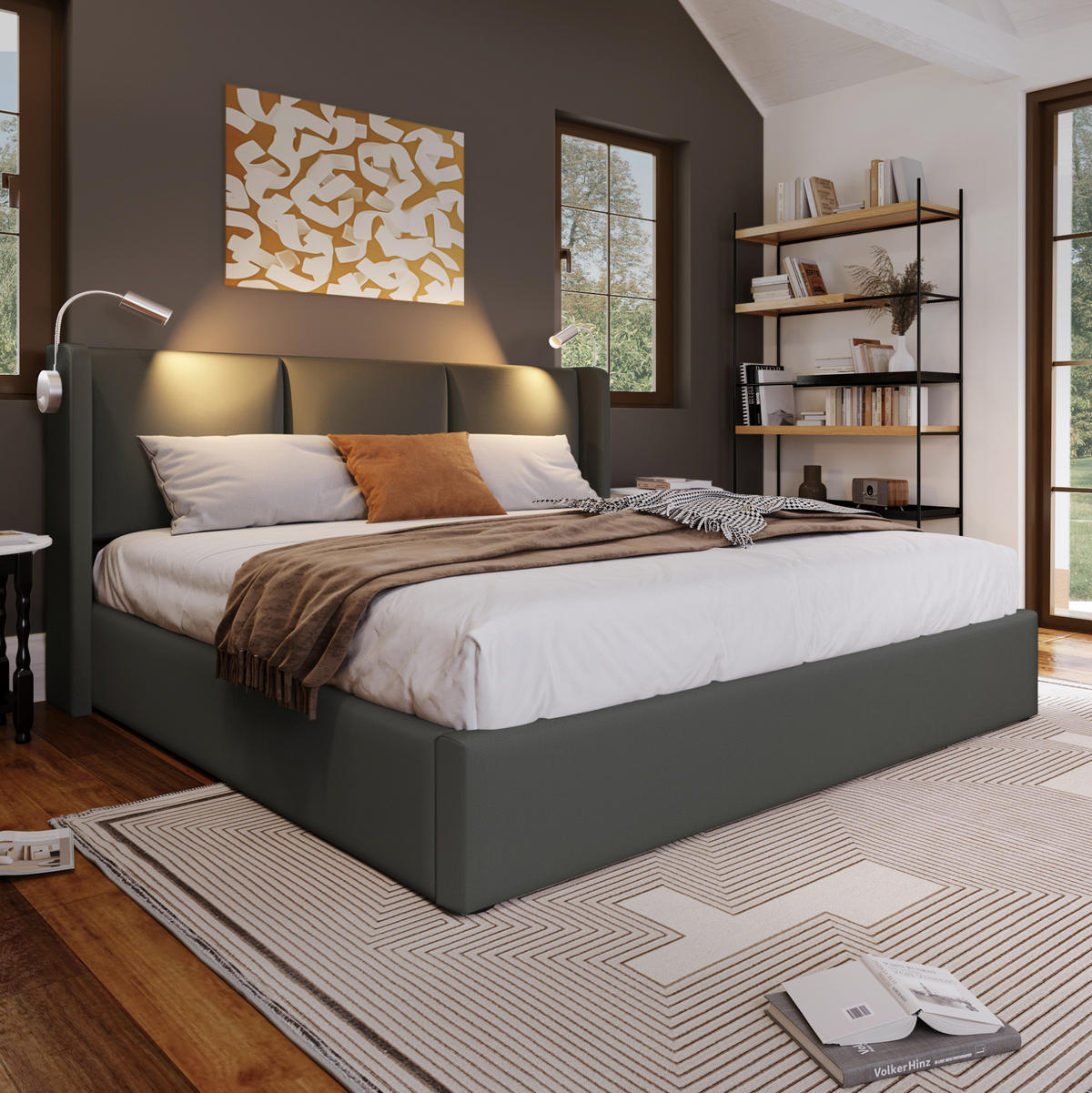 BETT mit Bettkasten 160x200 cm PU Grau mit Matratze - Grau, Metall (160/200cm) - Meubliv