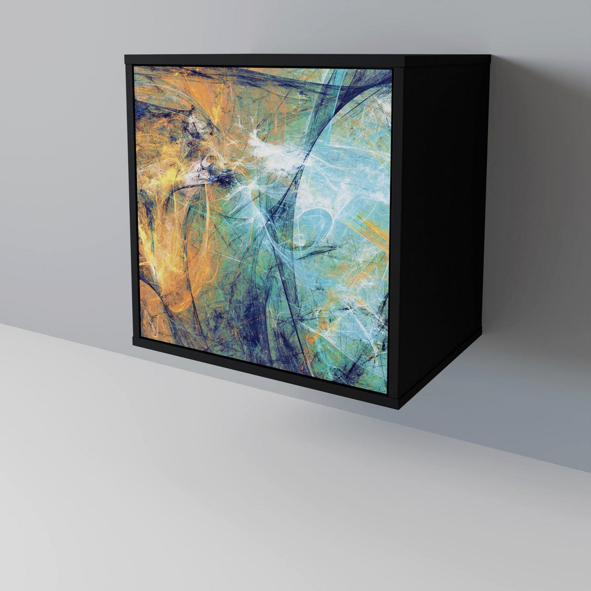 SIDEBOARD ABSTRACT THOUGHTS, Schwarz, 57,5x42x67,5 cm, Schwarze Metall-Rahmenfüße - Multicolor/Schwarz, Holzwerkstoff/Metall (57.5/67.5/42cm) - SpaceRebels