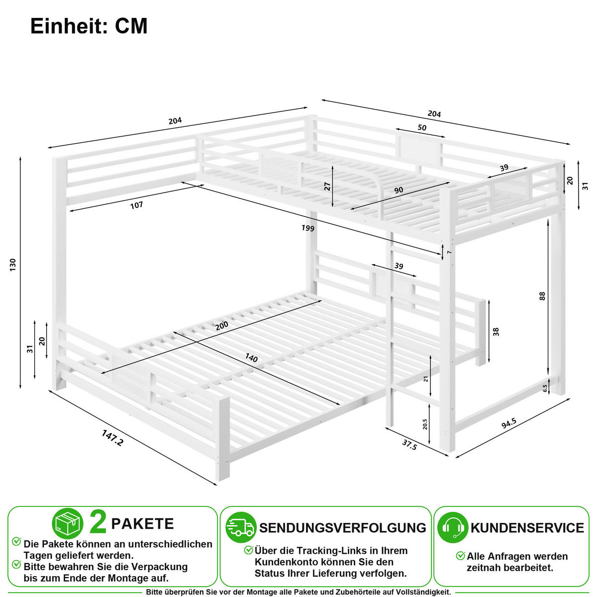 PATROVÁ POSTEL 90/200 cm & 140/200 cm v bílé barvě - bílá, kov (90/200cm) - CHICFURN