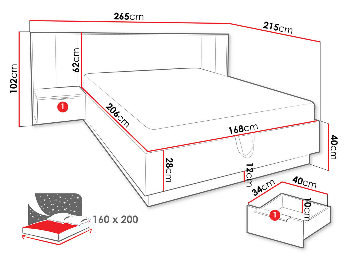 BETT Bali Lux - Eichefarben/Weiß, Holzwerkstoff (160/200cm) - MIRJAN24
