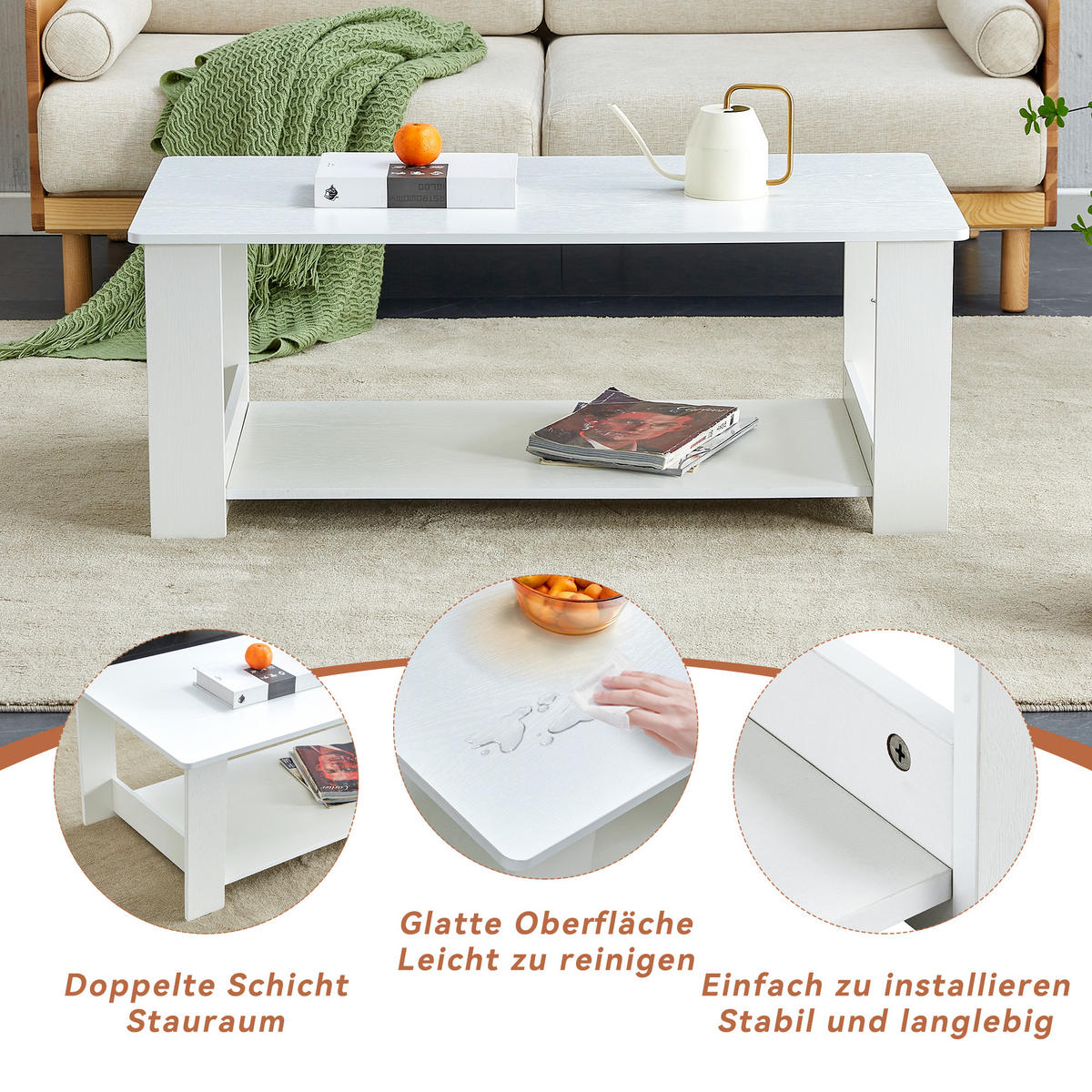 COUCHTISCH 110/55/42 cm Weiß mit Ablage aus MDF in Holzoptik - Weiß, Holzwerkstoff (110/55/42cm) - OKWISH