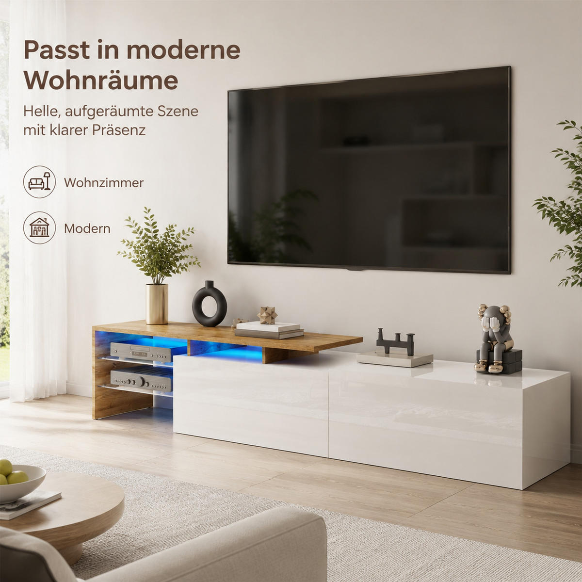 LOWBOARD 170/33/33,5 cm aus Spanplatte mit LED-Beleuchtung und Glasböden Weiß/Naturfarben - Weiß, Holzwerkstoff (170/33.5/33cm) - Modenvie