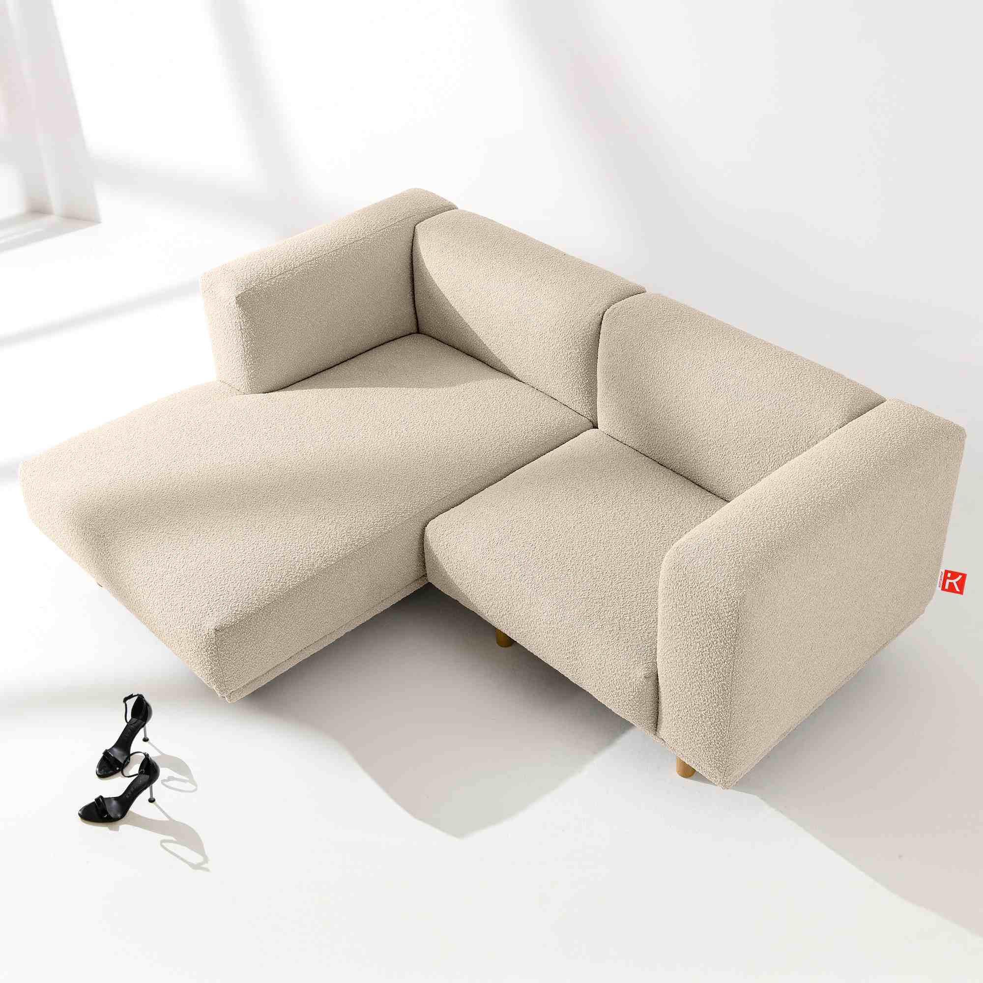 ECKSOFA-LINKS FOSERO, Bouclé - Buchefarben/Creme, Holz/Holzwerkstoff (204/155cm) - KONSIMO®