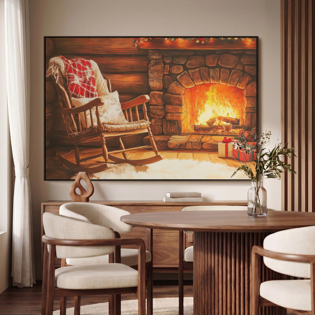 LEINWAND Bilder mit Rahmen - Winter - Weihnachten - Zuhause - Kamin - 120x80 - Bernsteinfarben, Textil (120/80cm) - MuchoWow